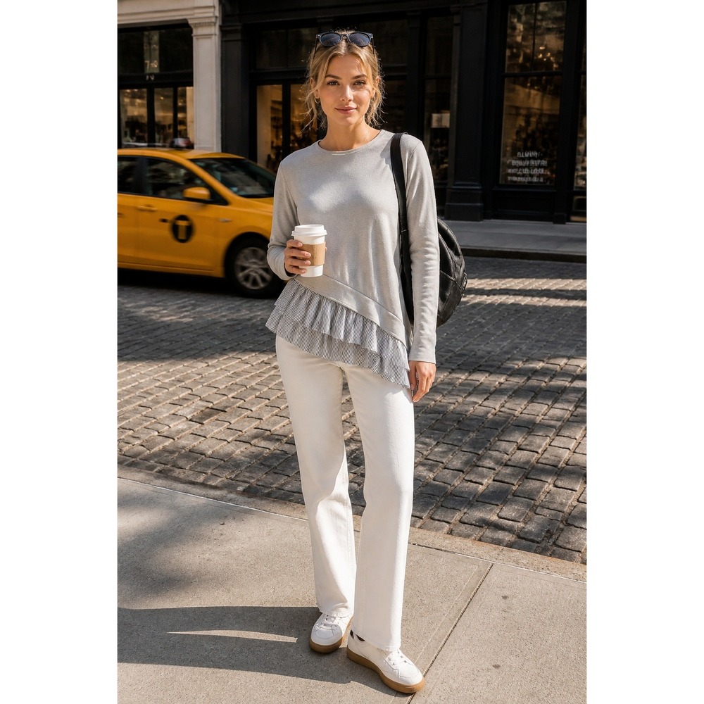 CQ by CQ Womens Gray Asymmetrical Striped Peplum Long Sleeve Top XL